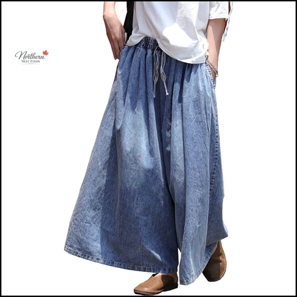 Extra Wide Leg Denim Pants Elastic Waist Loose Fit Plus Size Casual Jeans